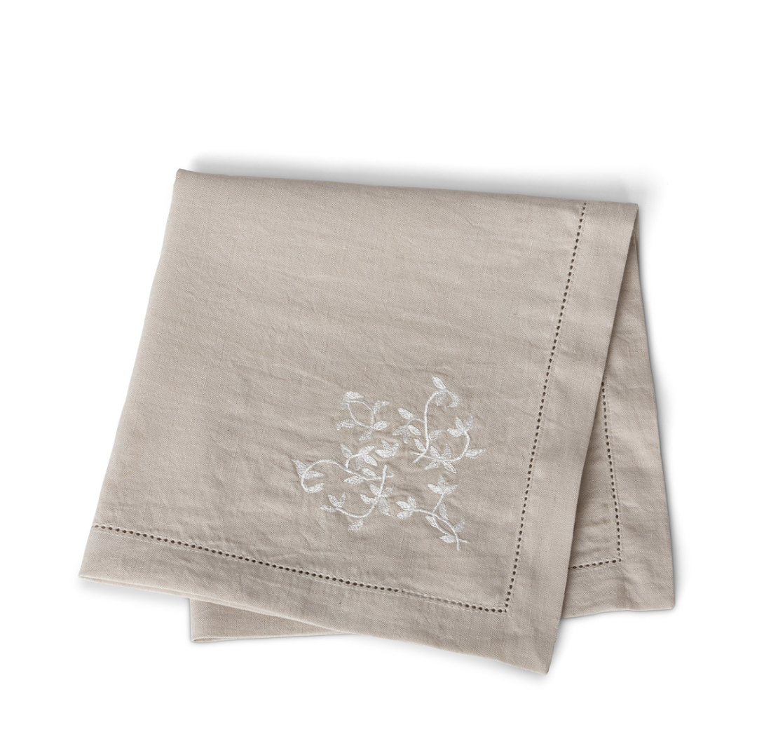Beige Napkins with White Embroidered Flowers - Set of 4