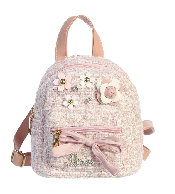 Pink Tweed Backpack with Flowers