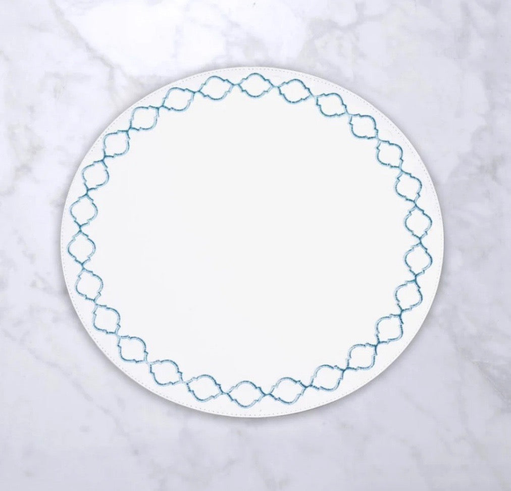 Round Embroidered Placemats with Quatrefoil White and Blue