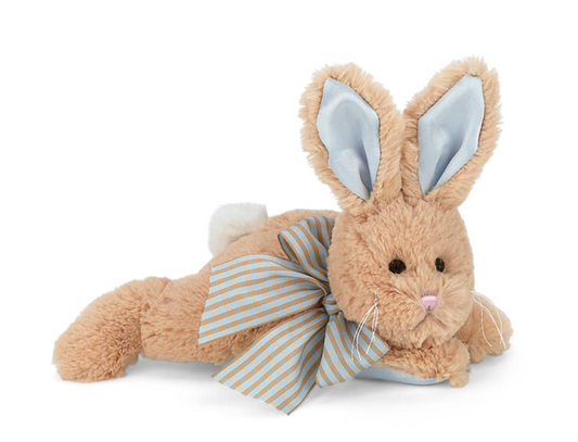Brown Plush Bunny with Striped Bow and Blue Ears