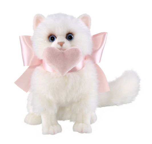 Bearington Collection - White Plush Cat with Pink Bow and Heart