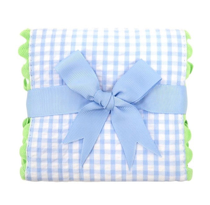 Blue and White Check Burp Cloth with Green Ric Rac Trim