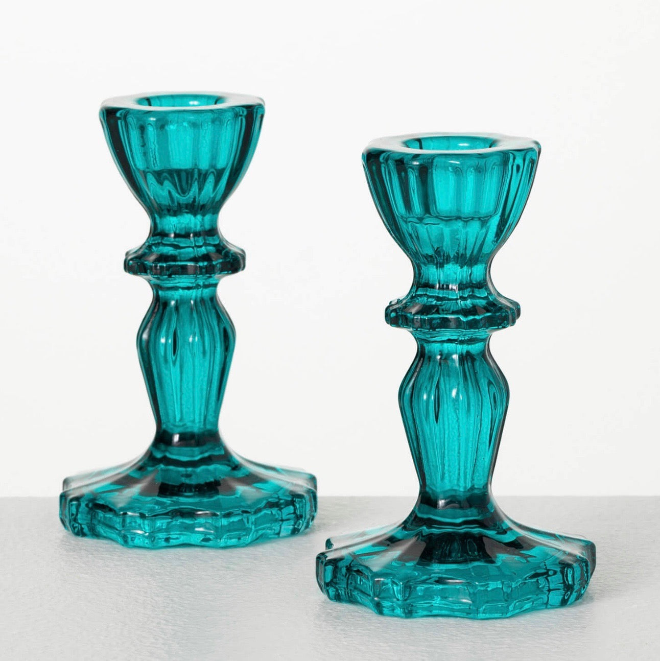 Short Teal Glass Candlesticks Set of 2