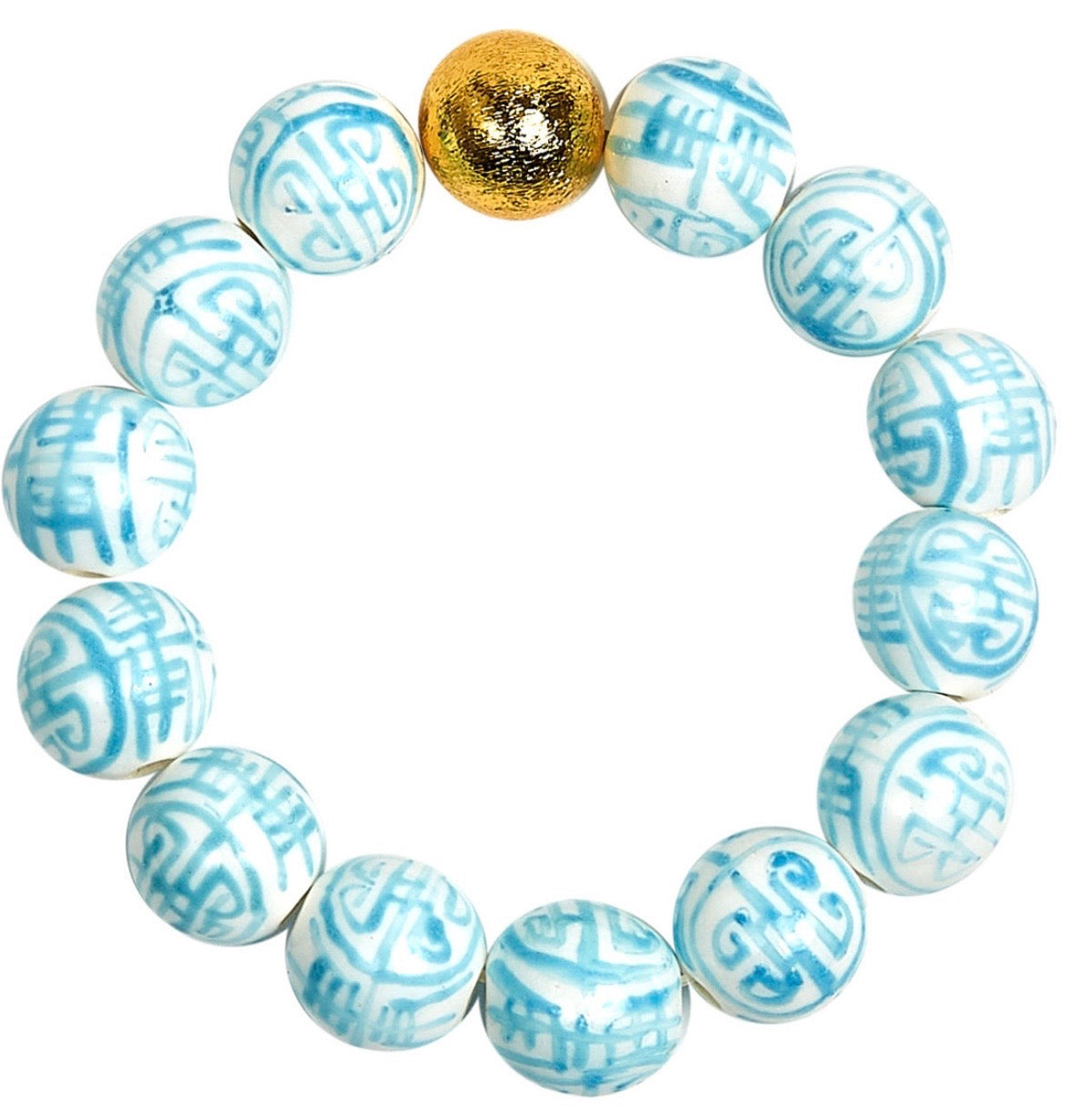 Ball Beaded Bracelet in Blue Chinoiserie with Gold Ball