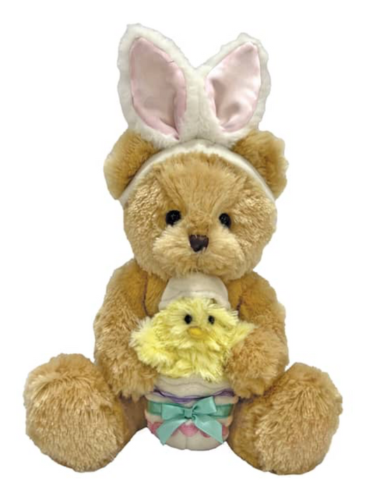 Plush Teddy Bear with Bunny Ears and Chick
