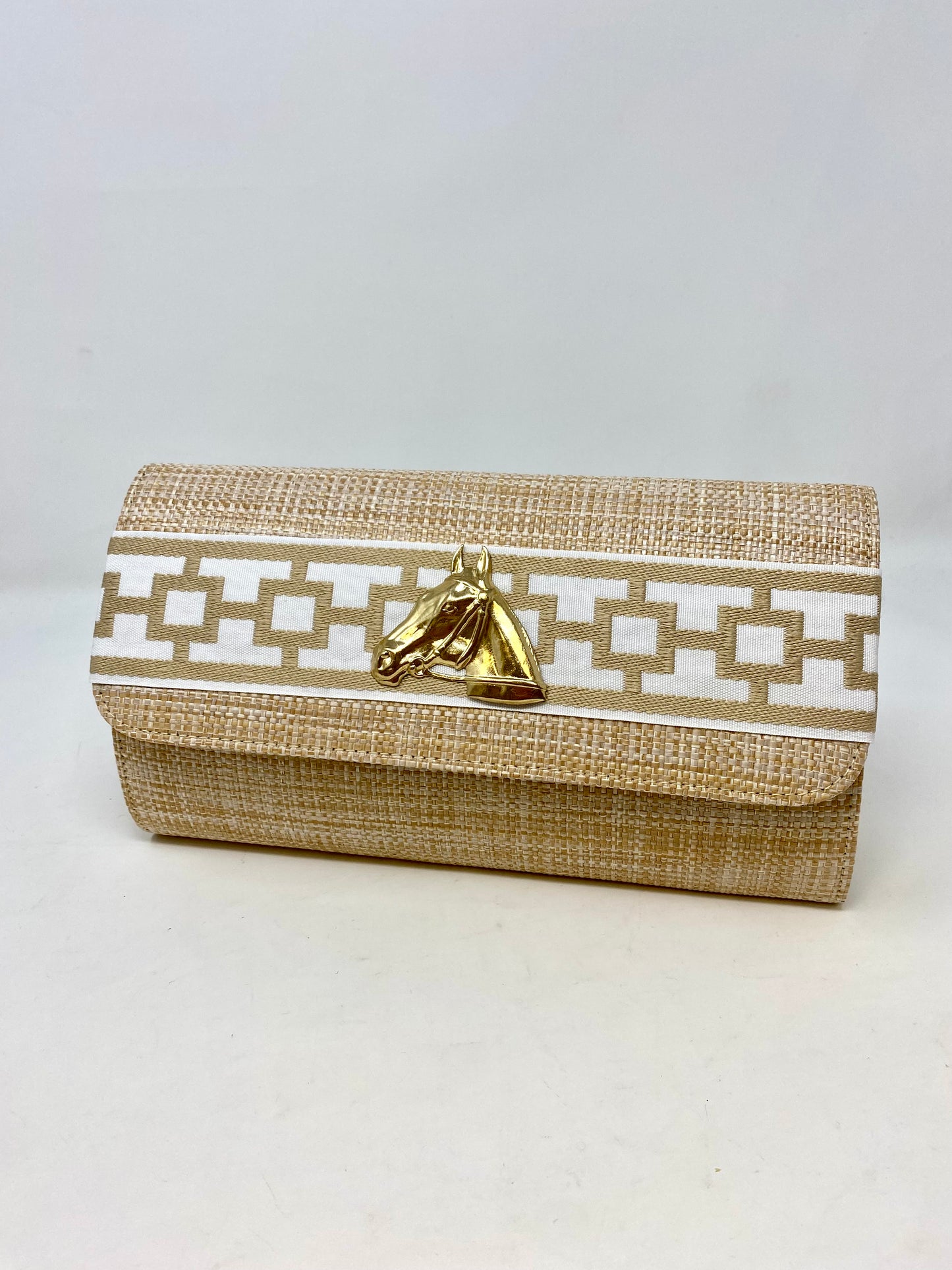 Raffia Clutch with Block Ribbon and Gold Horsehead