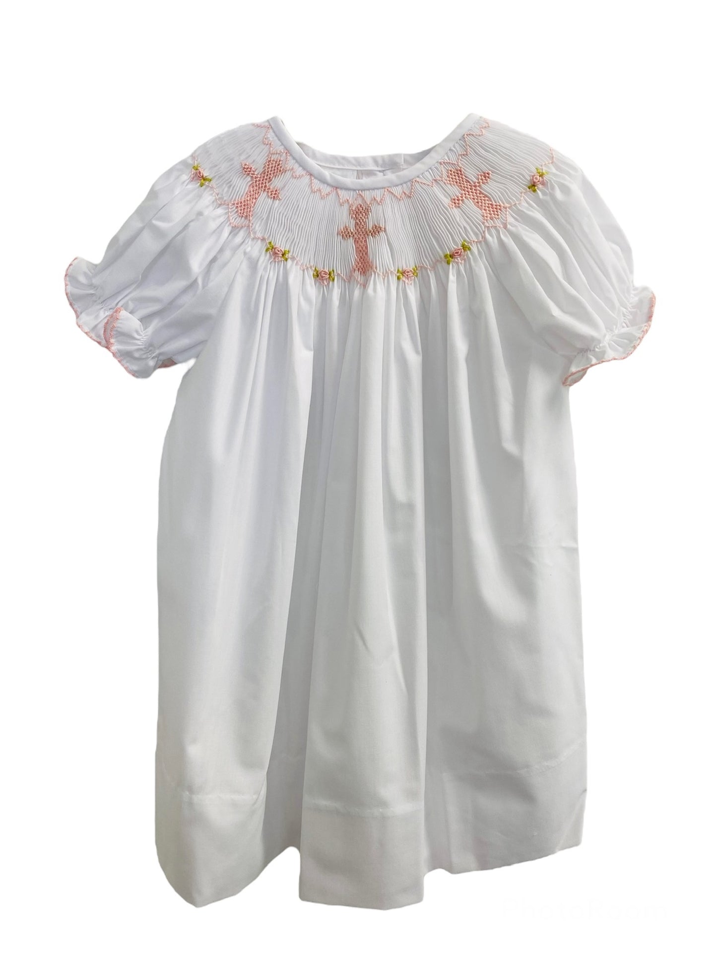 Lulu Bebe - White Dress with Smocked Pink Crosses