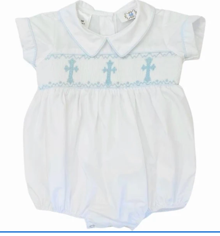 Lulu Bebe - White Bubble with Smocked Blue Crosses