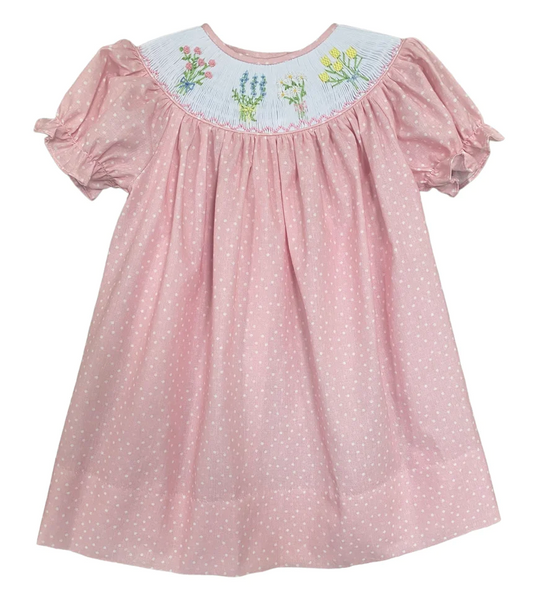Pink Dot Dress with Smocked Flowers