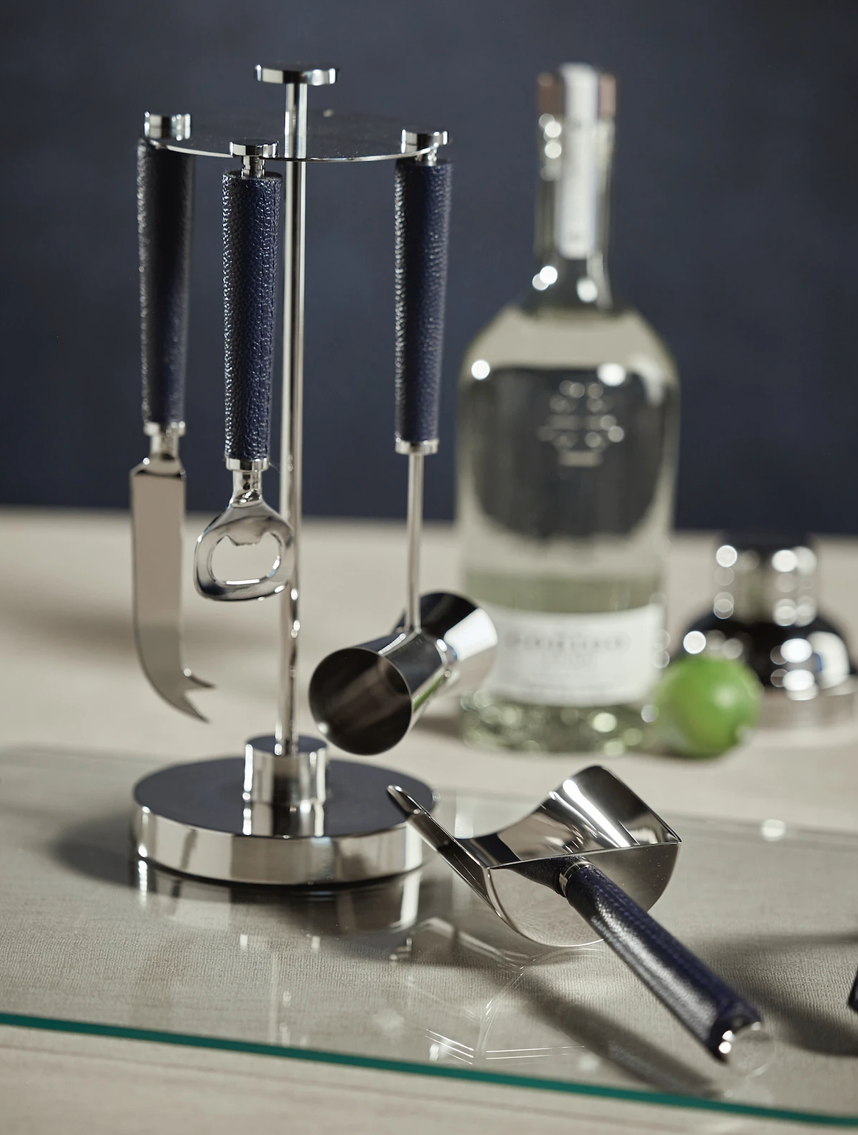 Blue Leather Barware Set