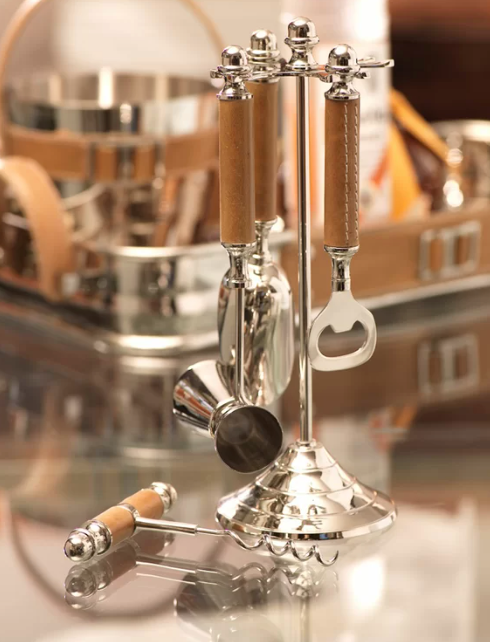 Brown leather barware set