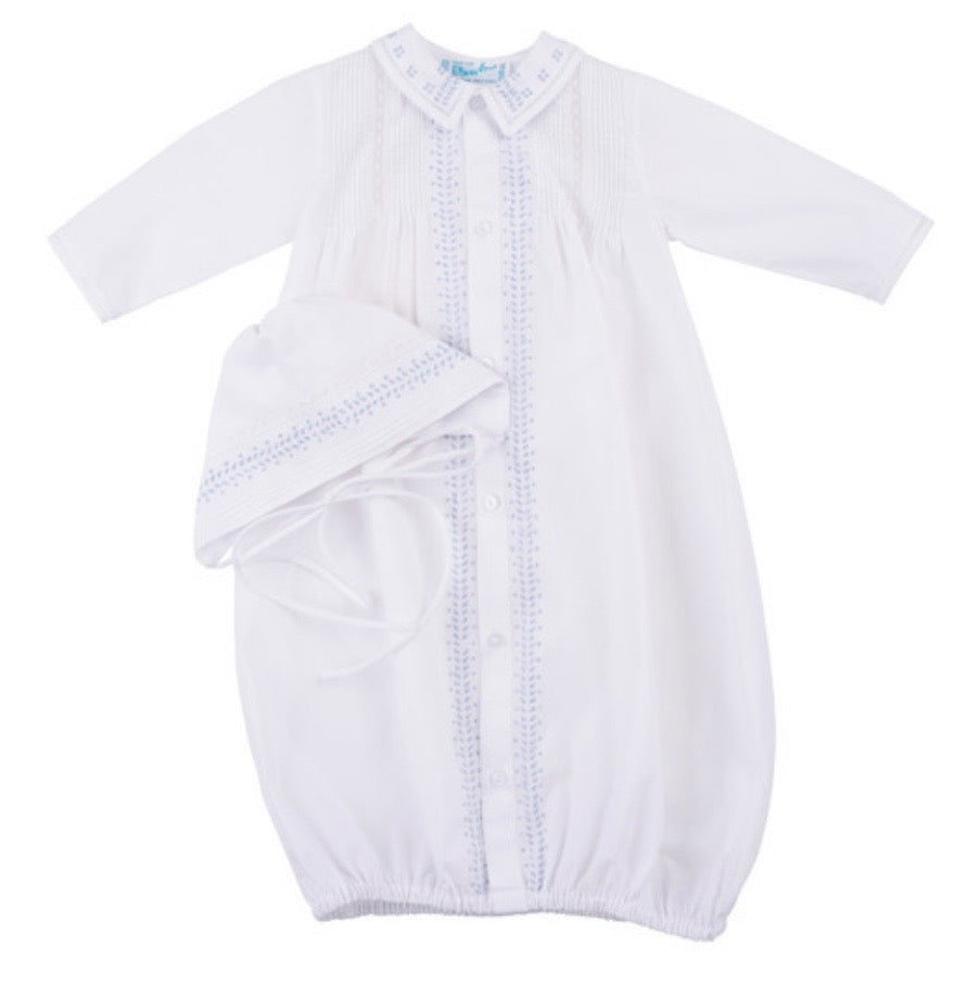 Feltman Brothers - White Sleeper Gown with Blue Embroidered Trim and Bonnet