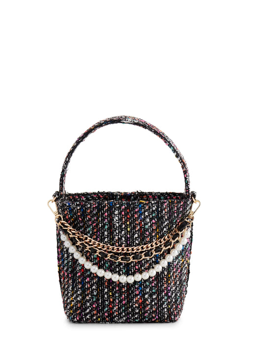 Multicolor Tweed Bag with Black Bow - Bucket