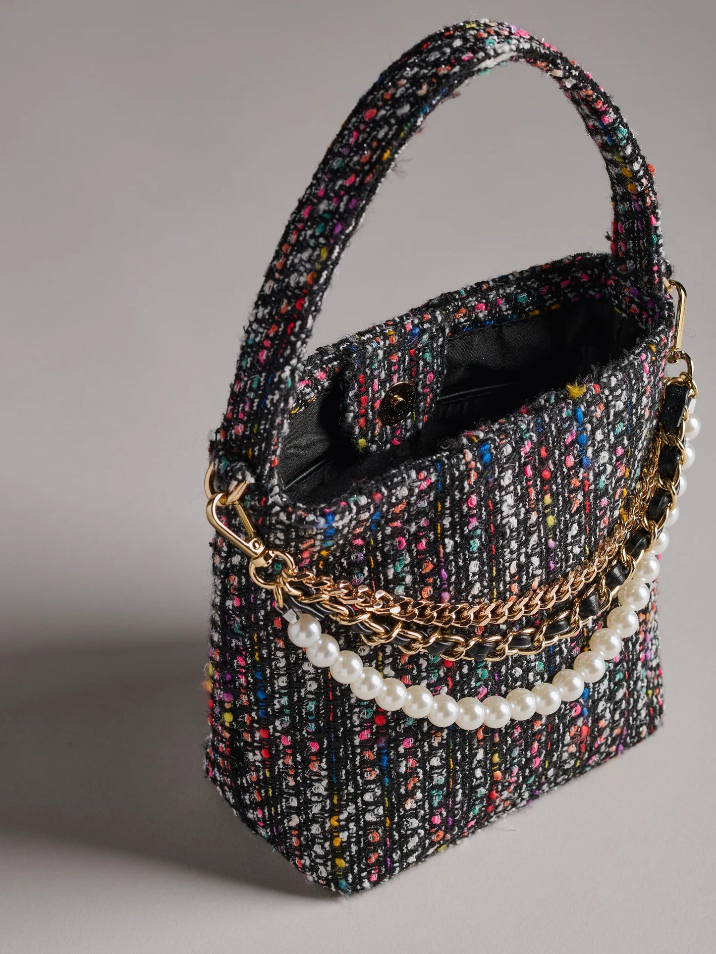 Multicolor Tweed Bag with Black Bow - Bucket