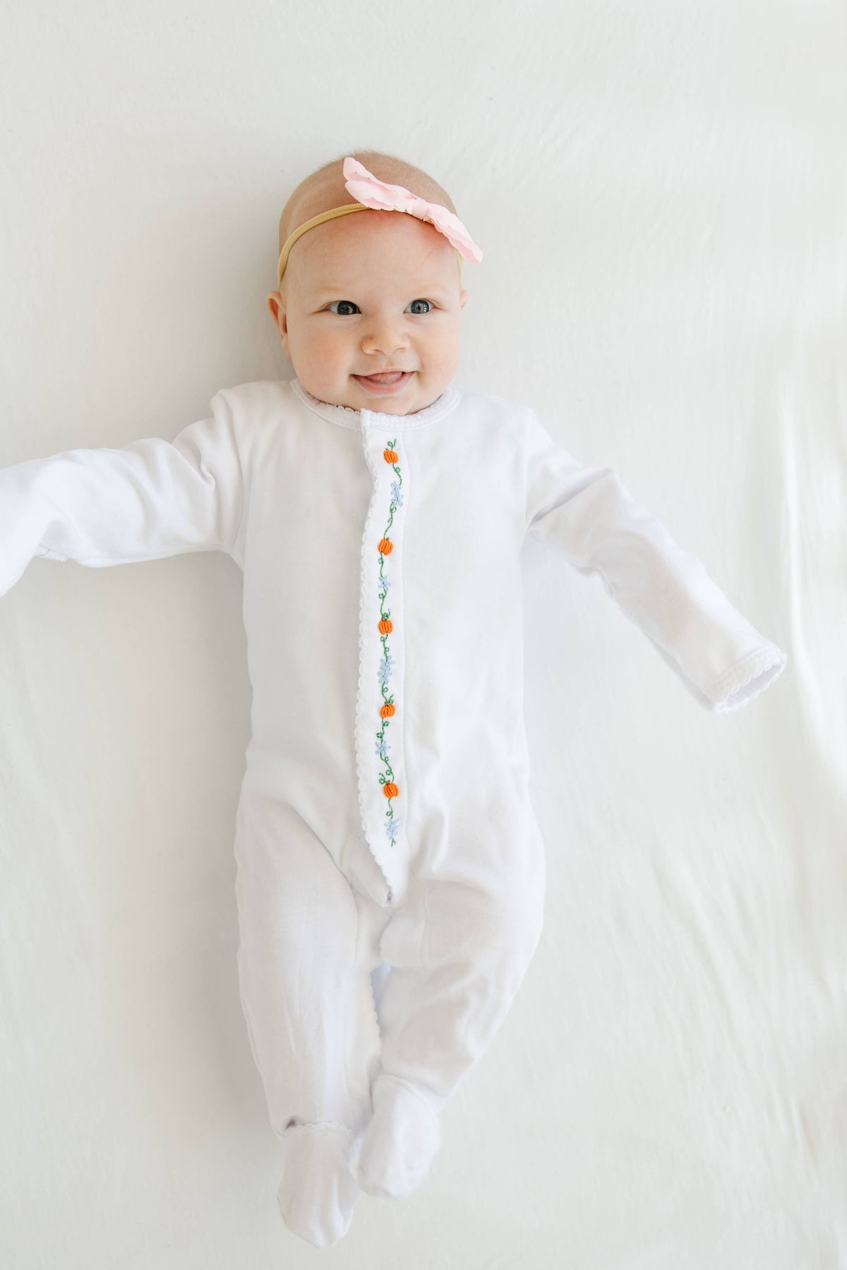 White Footie with Embroidered Pumpkins and Pink Picot Trim