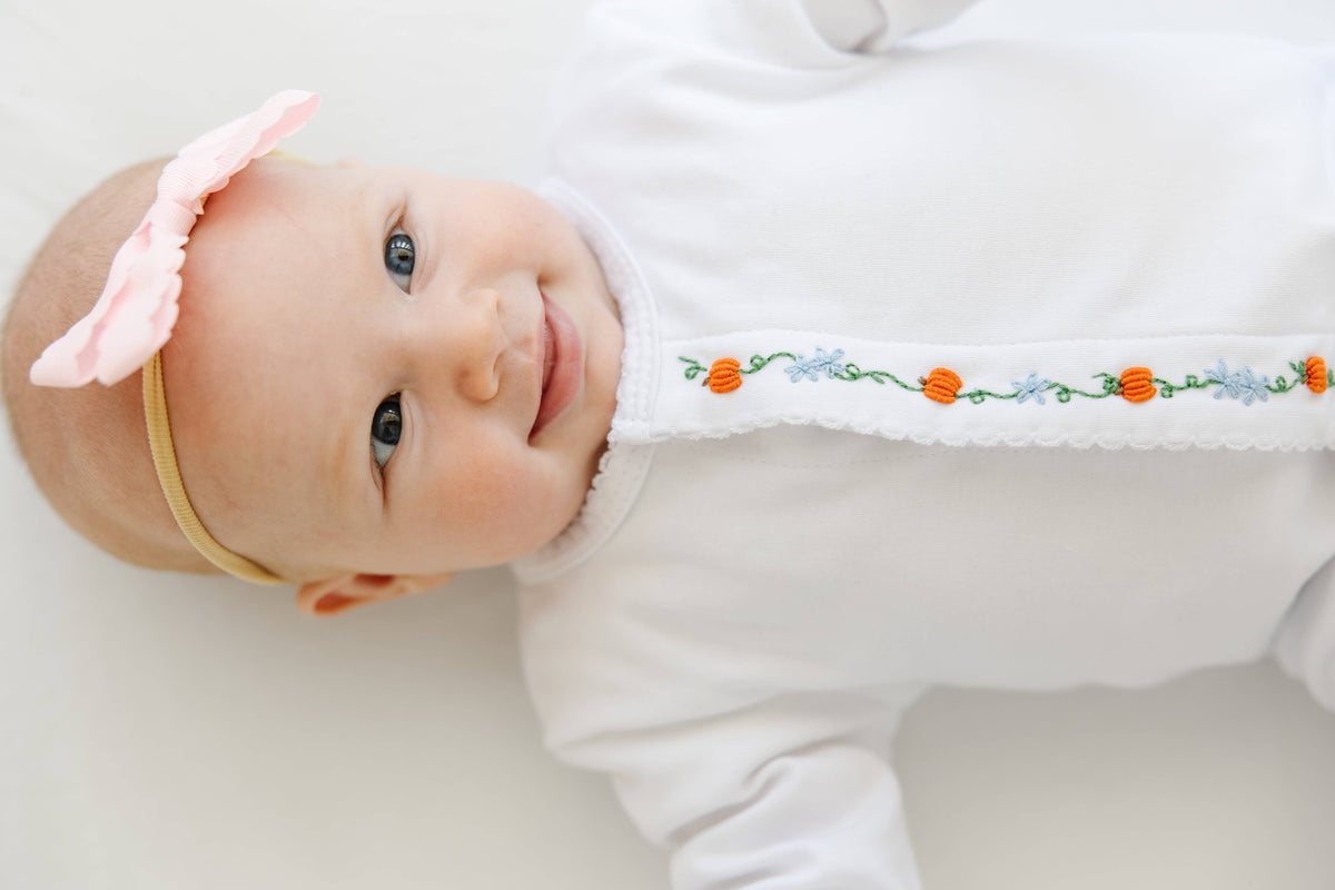 White Footie with Embroidered Pumpkins and Pink Picot Trim