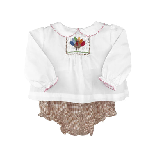 Petit Ami - Smocked Turkey Diaper Set - Pink or Brown Trim