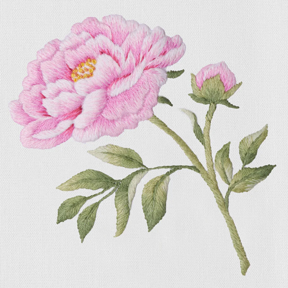 Henry Handwork - Hand-Embroidered Hand Towel - Peony Stem