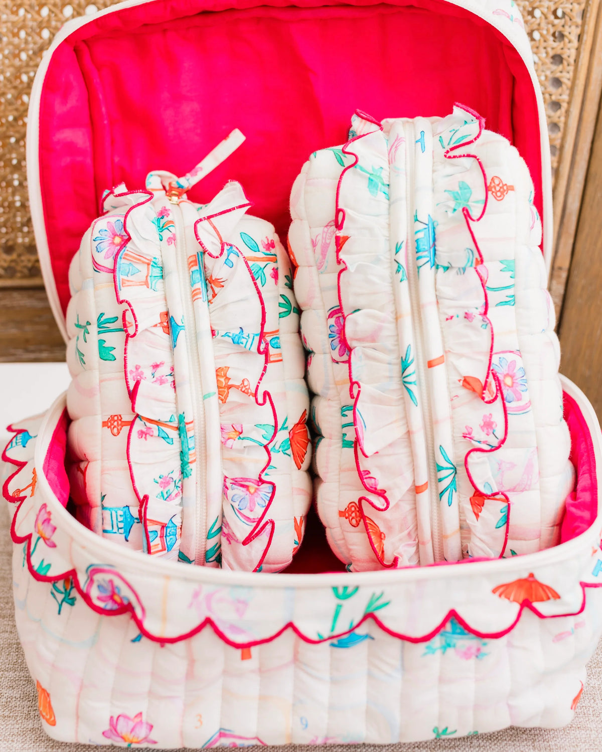 Quilted Ruffle Cosmetic Bags - Mahjong