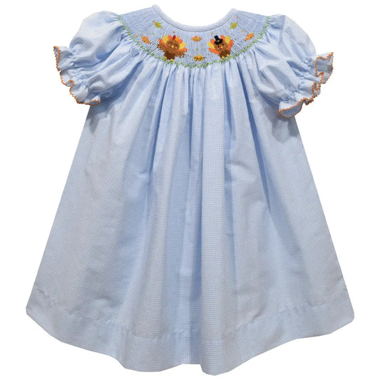 Vive La Fete - Hand-Smocked Thanksgiving Turkey Blue Dress
