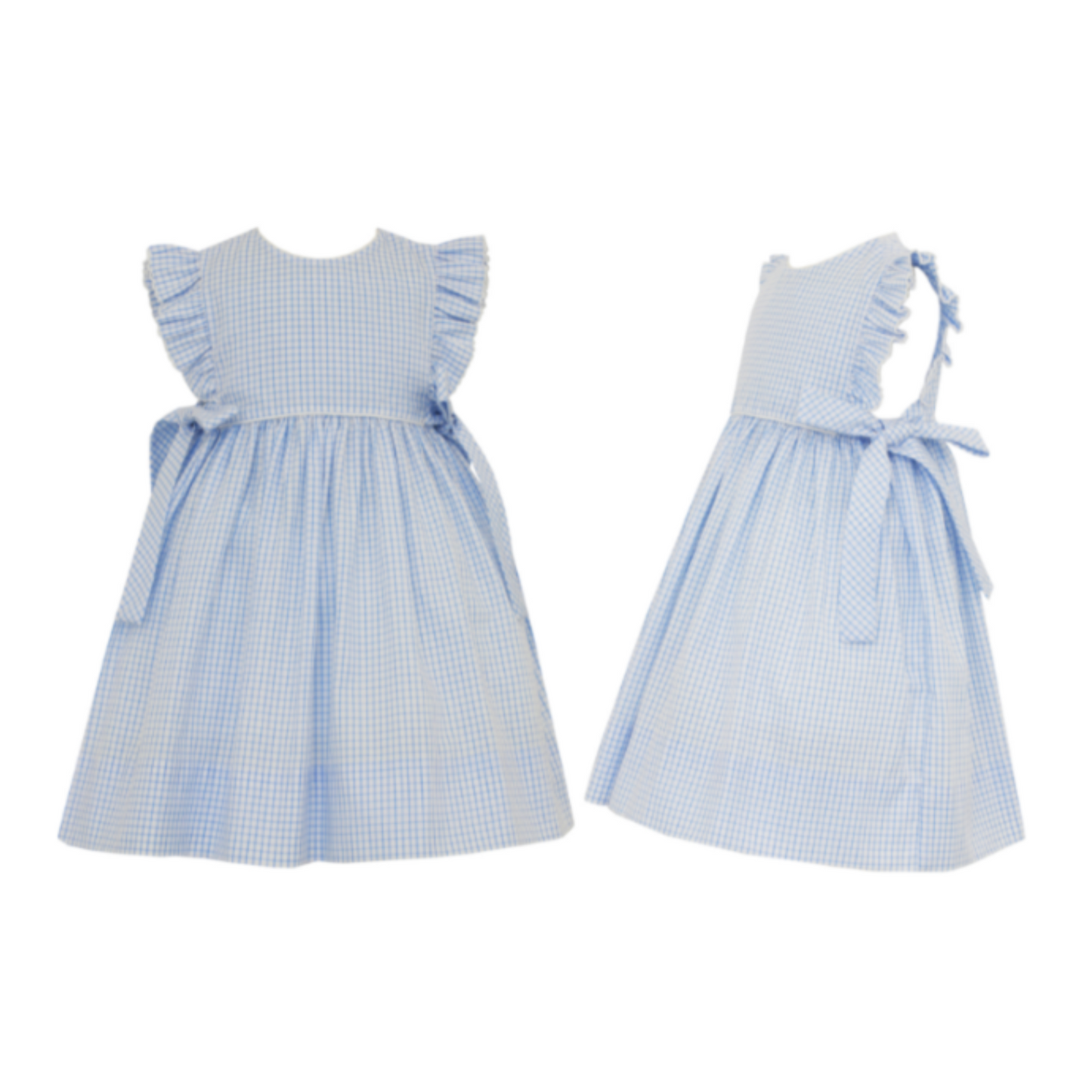 Blue and White Gingham Check Dress with Bows