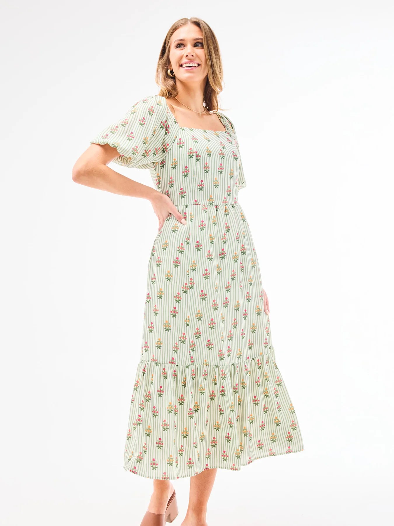 Green Stripe and Floral Ladies Dress