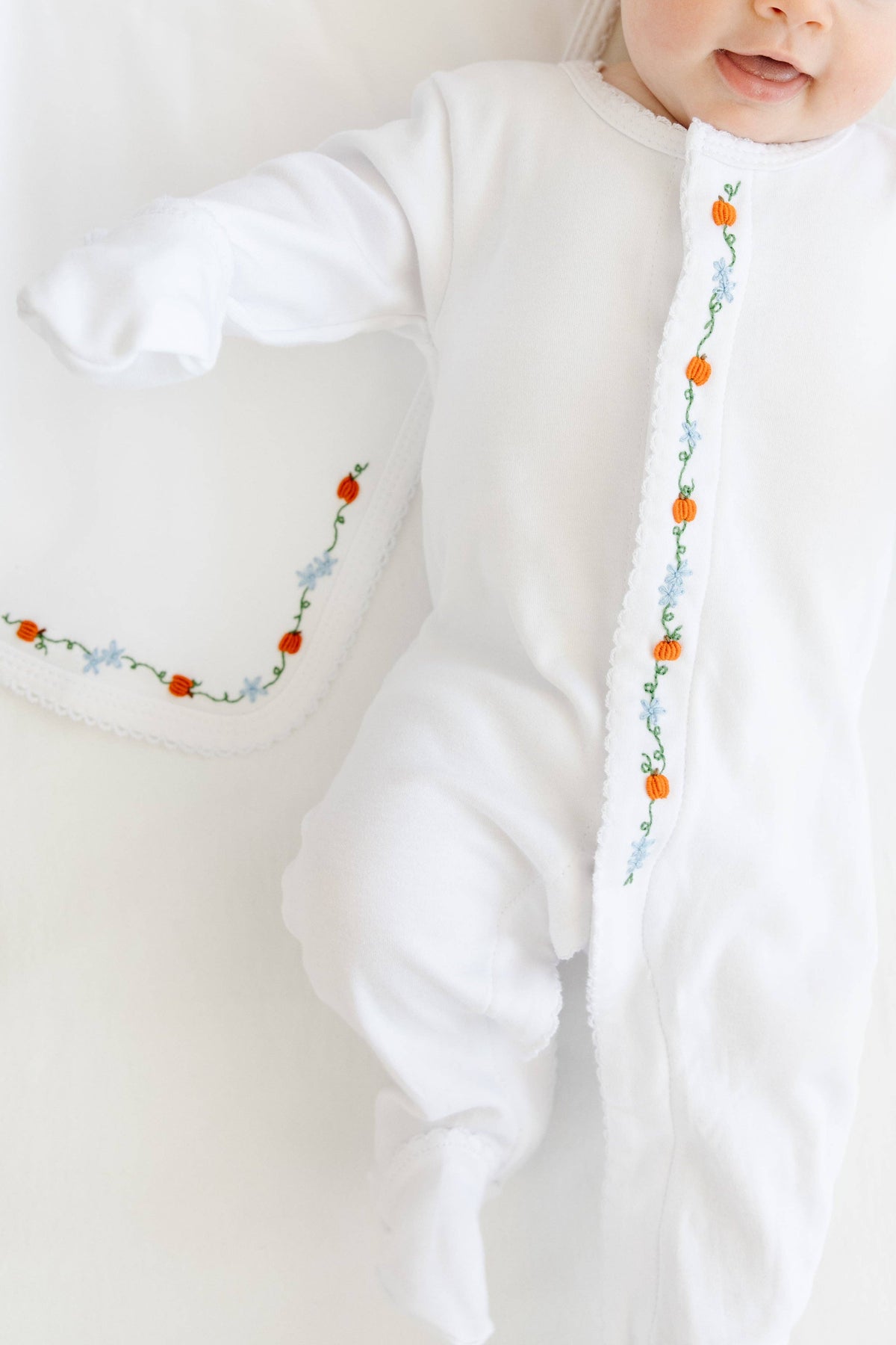 White Footie with Embroidered Pumpkins and Pink Picot Trim