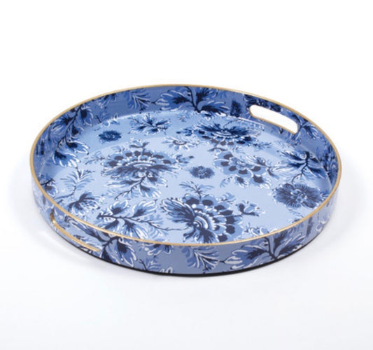 Round Tray with Blue and White Flower Design
