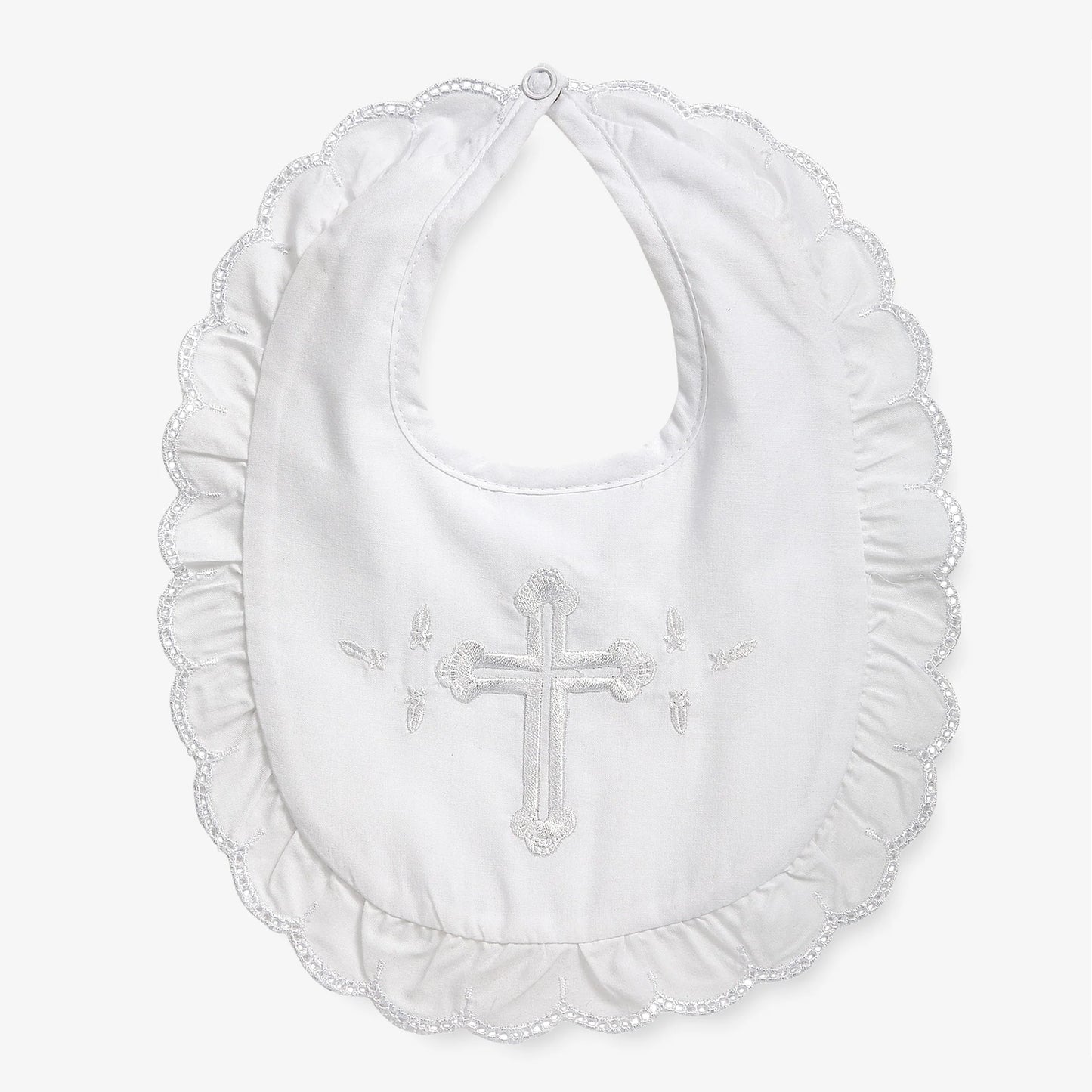 Elegant Baby - White Ruffle Bib with Embroidered Cross