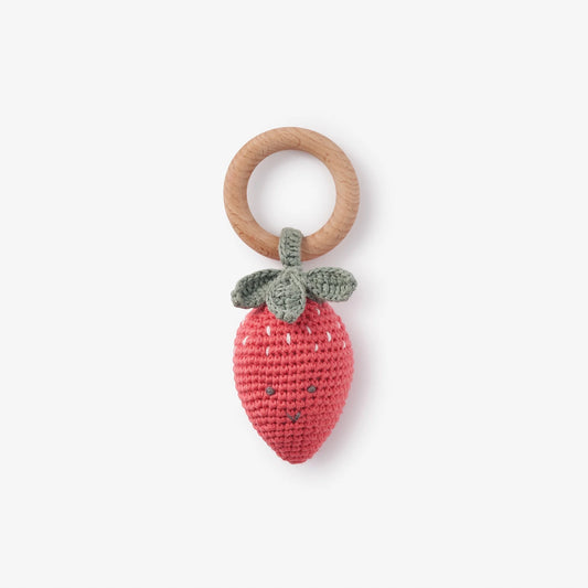 Strawberry Hand-Crocheted Wood Ring Rattle