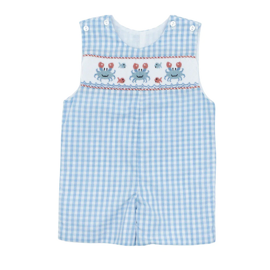 Blue and White Plaid Romper with Crabs