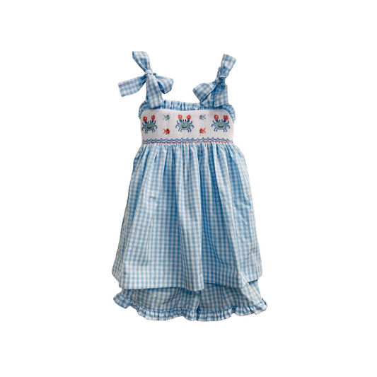 Blue and White Check Short Set with Smocked Crabs