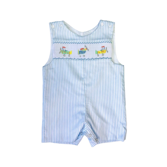 Blue Stripe Romper with Smocked Airplanes