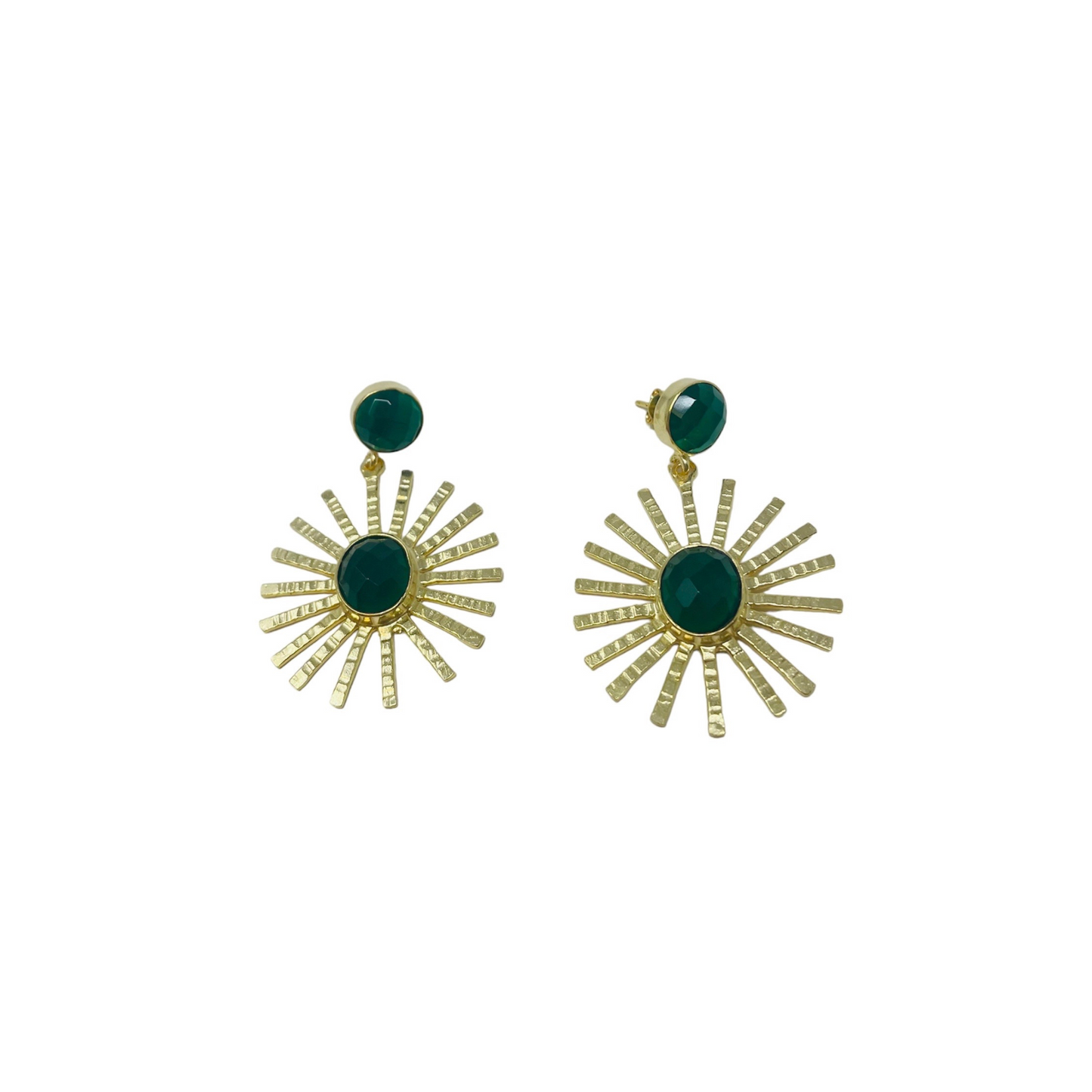 Gold Starburst Earrings with Green Stones