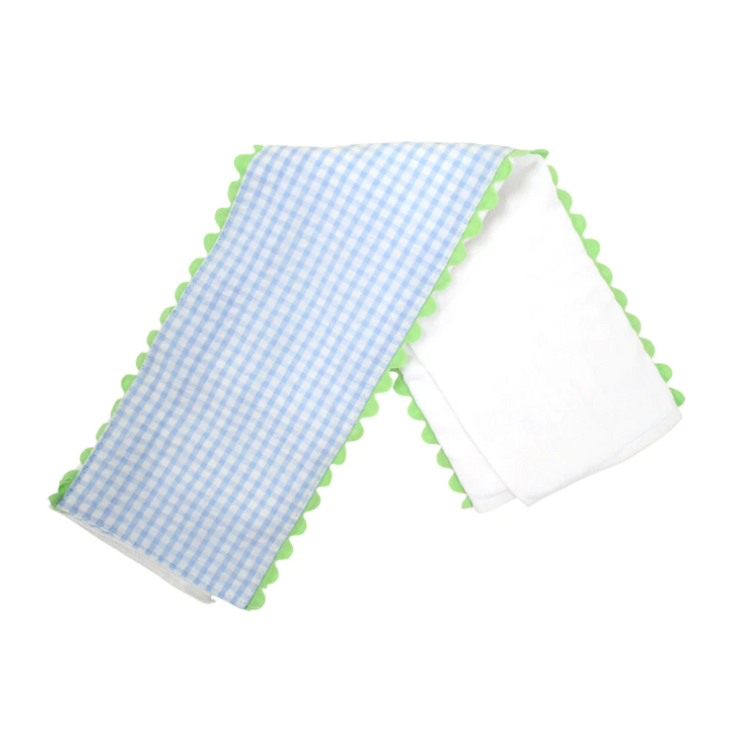 Blue and White Check Burp Cloth with Green Ric Rac Trim