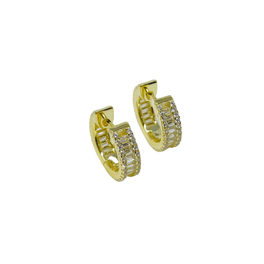 Small Chunky Gold Hoop with Baguette Diamond Earrings