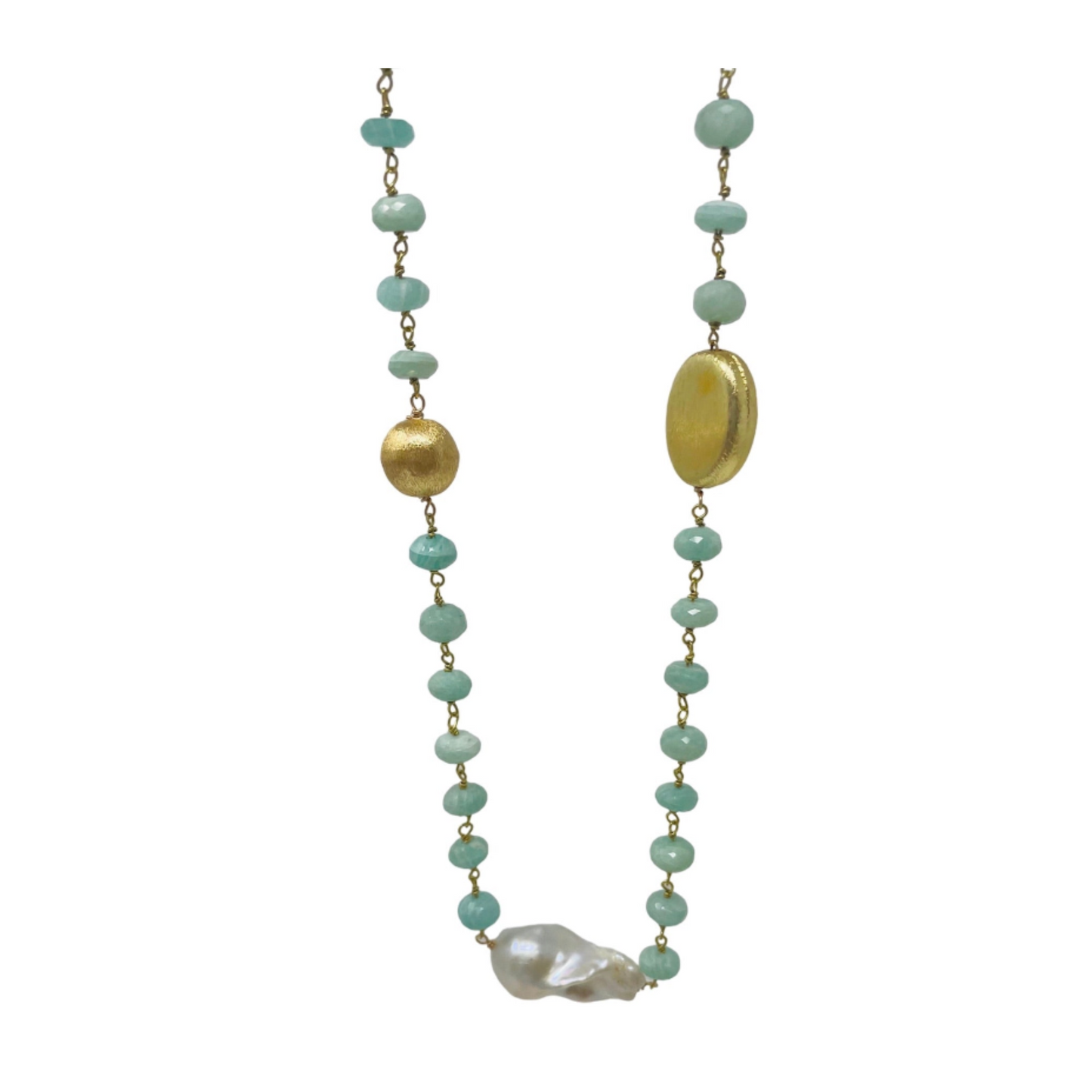 Aqua Beads with Pearl and Gold Beads Necklace