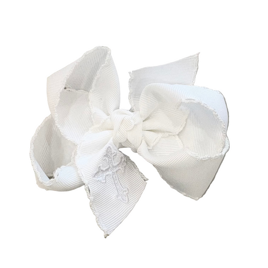 Embroidered Hair Bow - White Cross