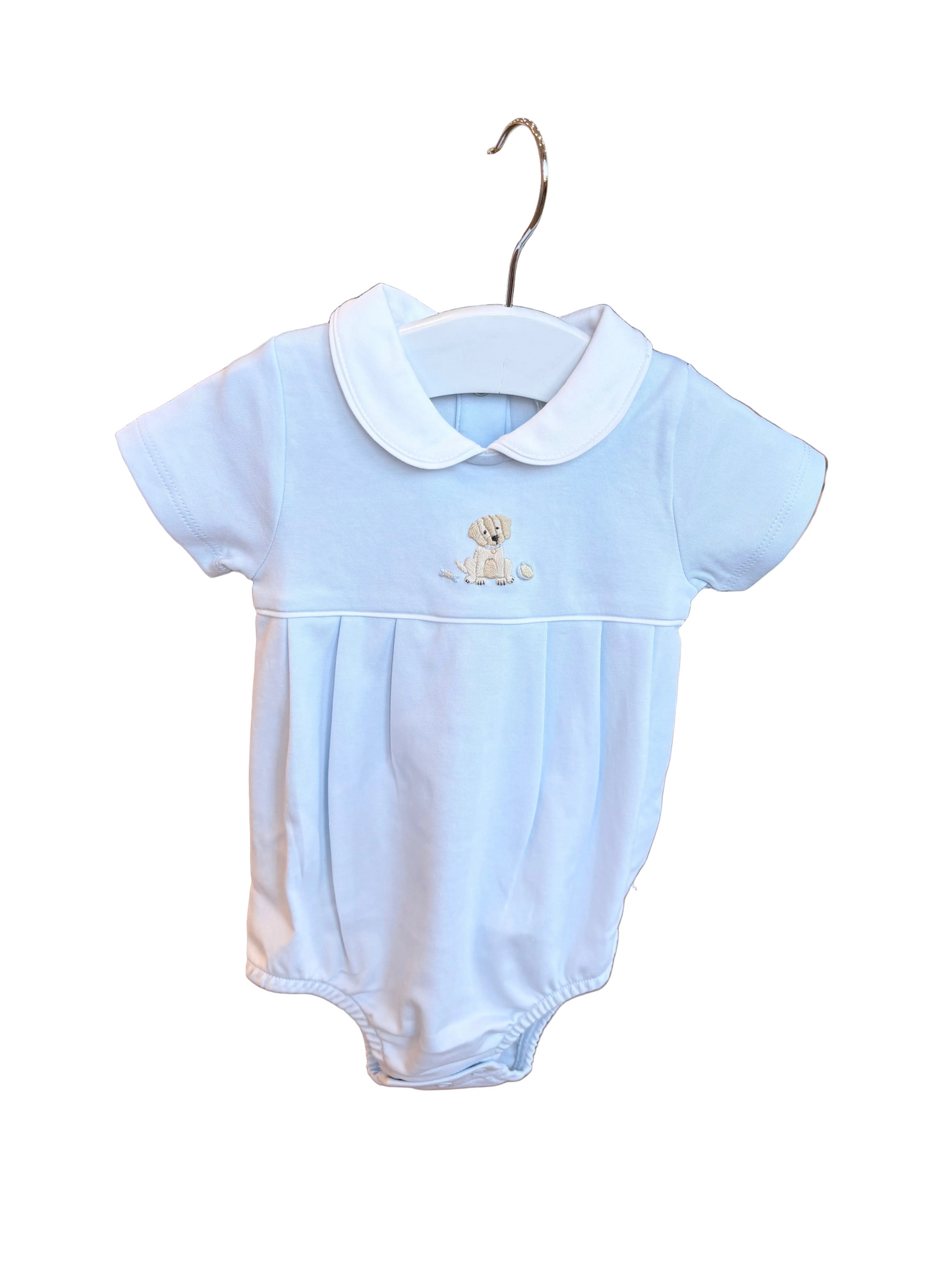 Baby Club Chic - Embroidered Dog on Blue Collection - Bib, Hat, Outfit, Blanket