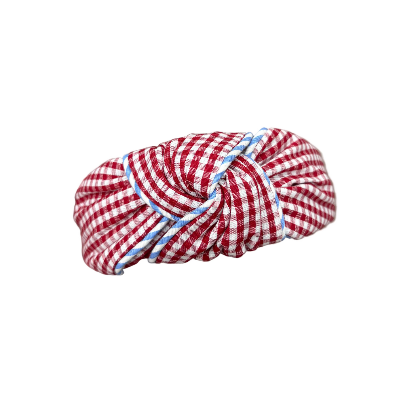 Red Gingham Knotted Headband with Blue Trim