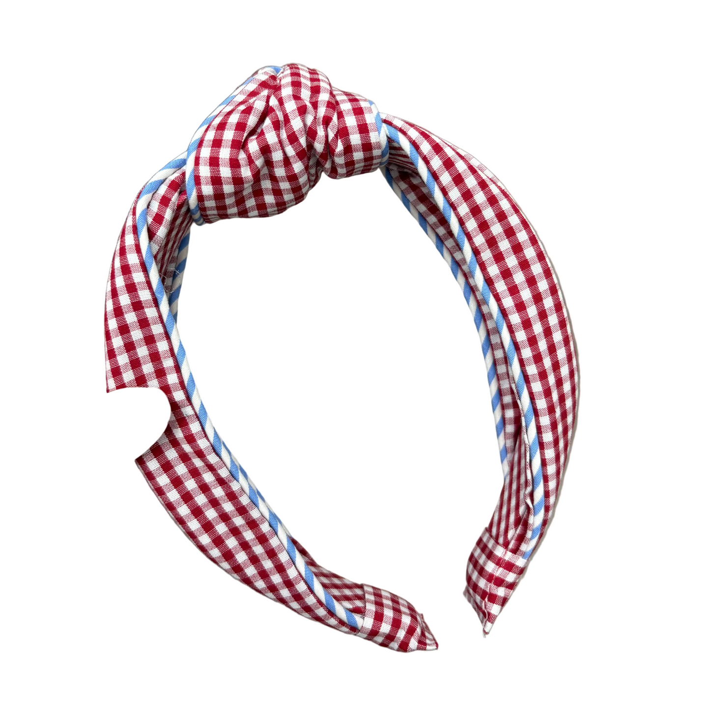 Red Gingham Knotted Headband with Blue Trim