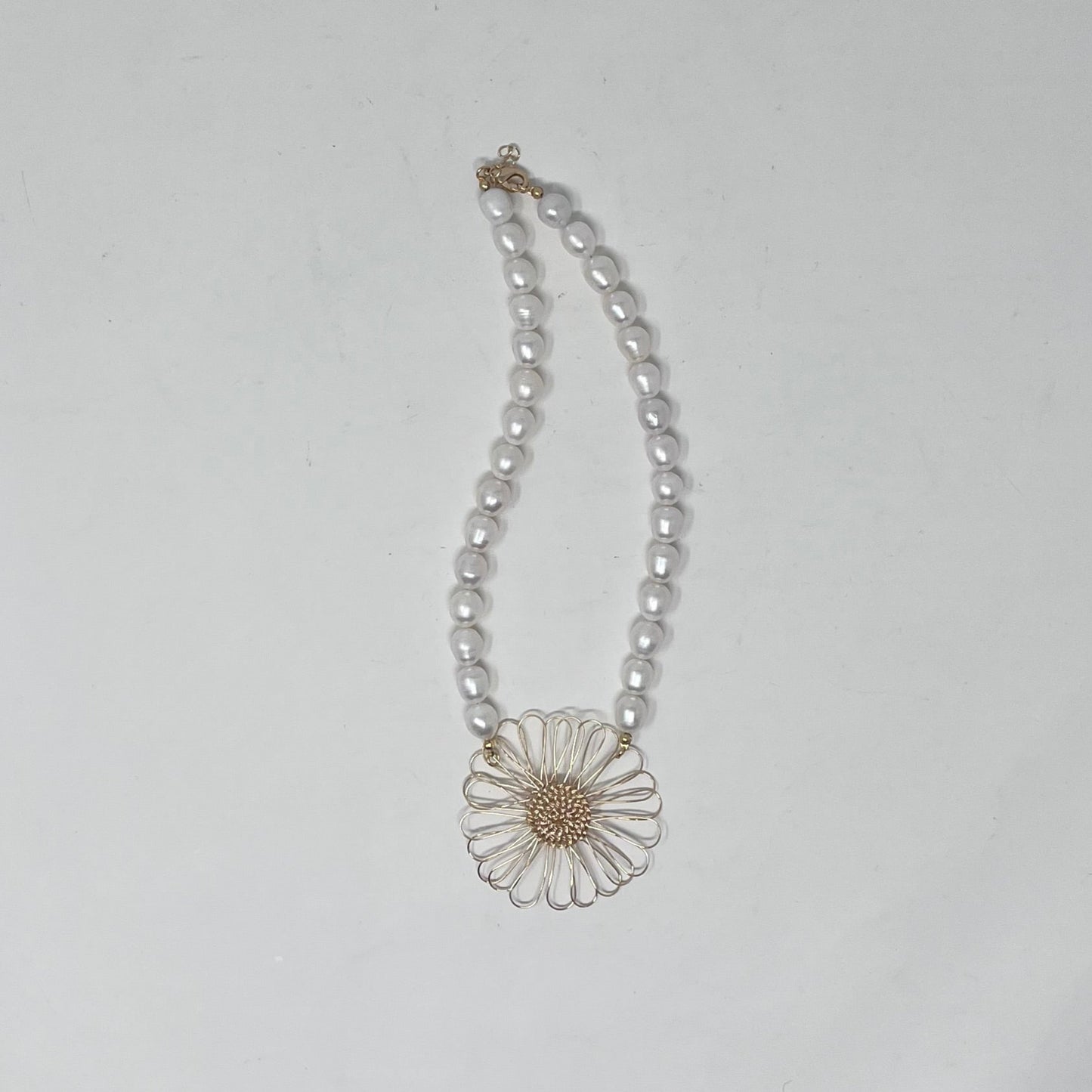 Large Pearl Necklace with Gold Daisy