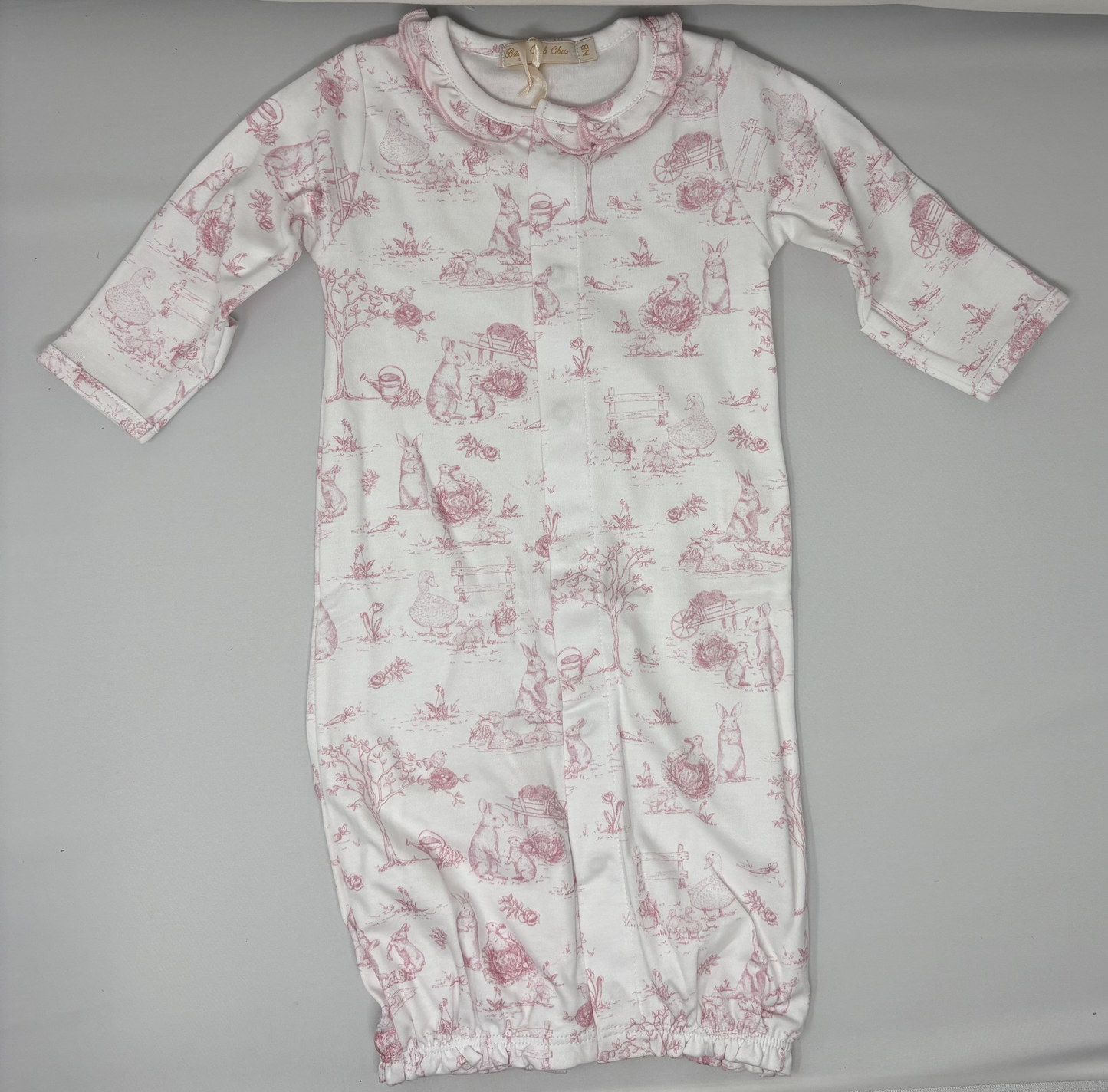 Pink Toile Bunnies - Converter Gown with Ruffle Trim