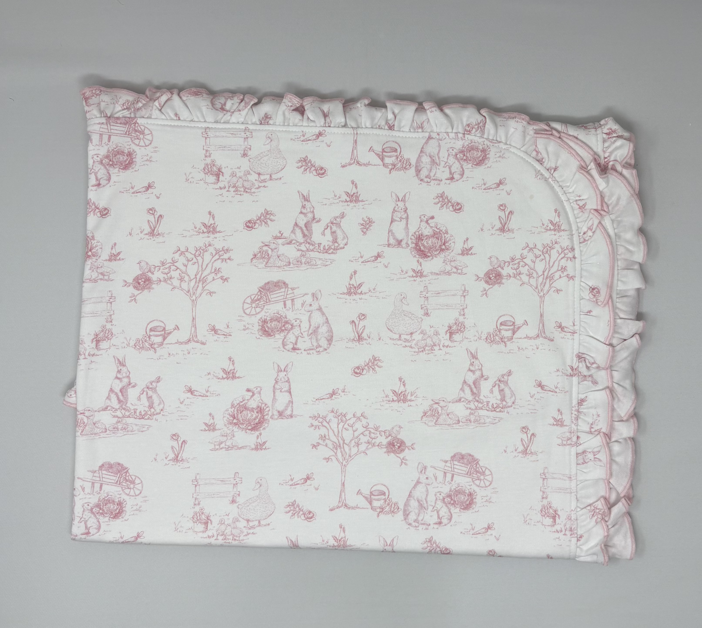 Pink Toile Bunnies - Receiving Blanket - Ruffle Trim