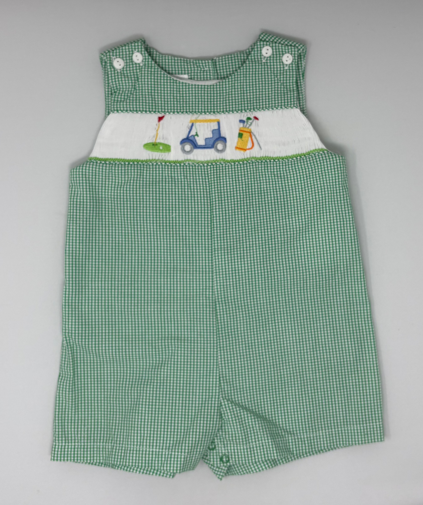 Green Gingham Smocked Golf Sunsuit