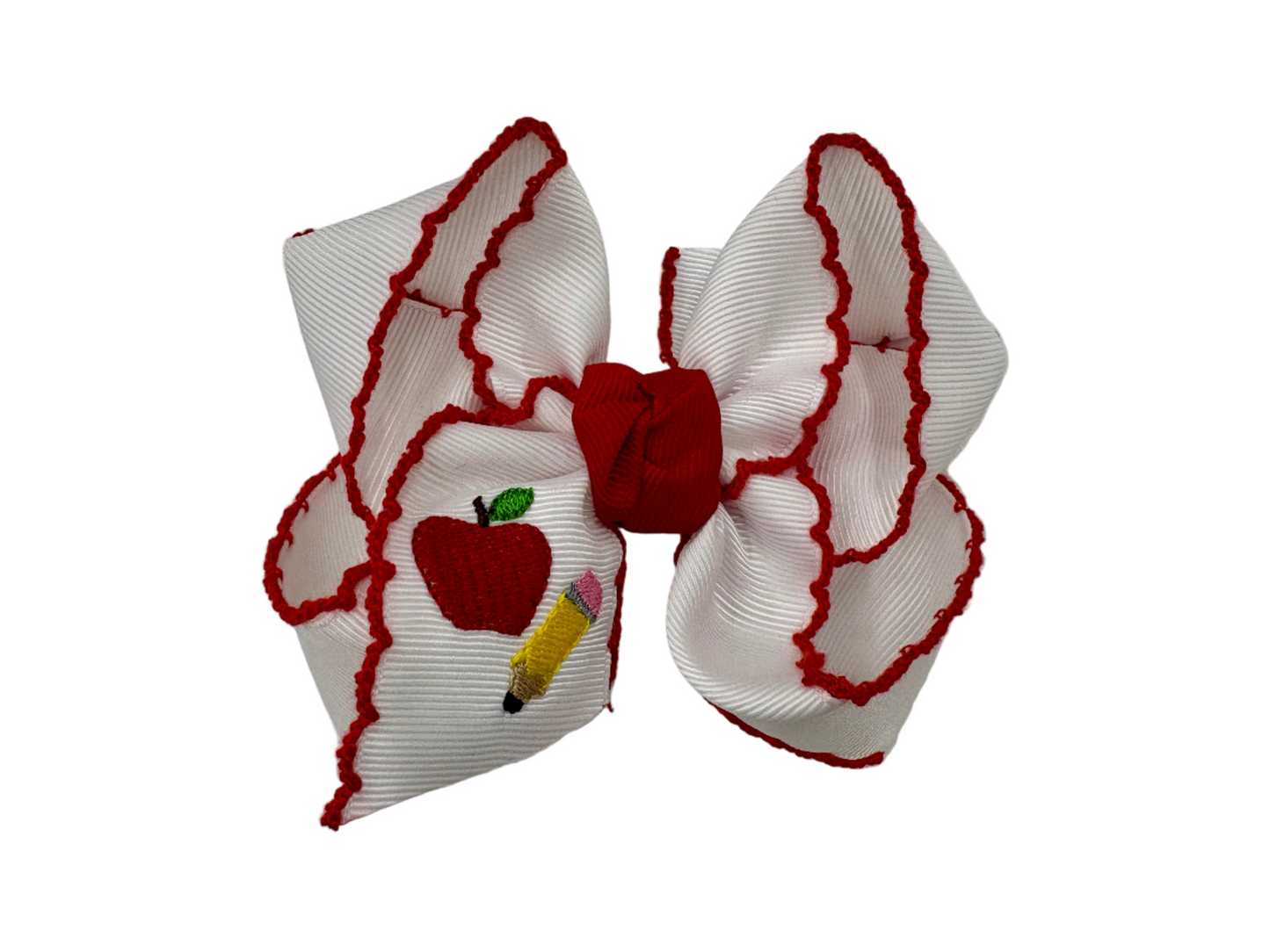 Embroidered Hair Bow - Apple and Pencil
