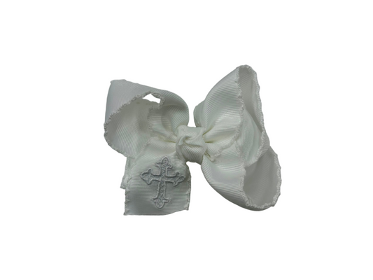 Embroidered Hair Bow - White Cross