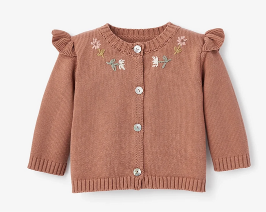 Brown Cardigan with Embroidered Flowers