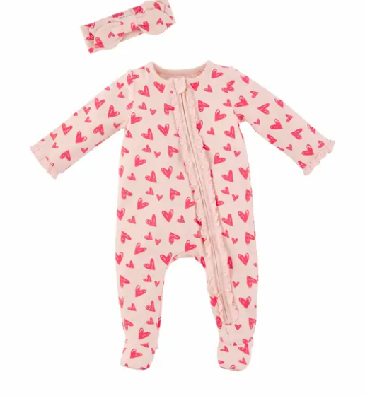 Pink Heart Footed Onesie and Headband