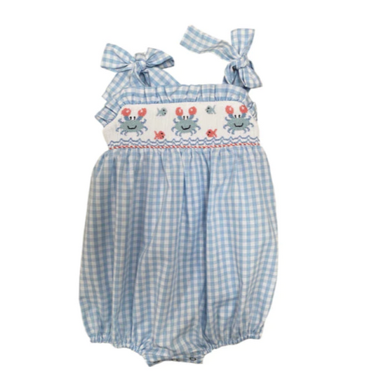 Blue and White Plaid Smocked Bubble with Crabs